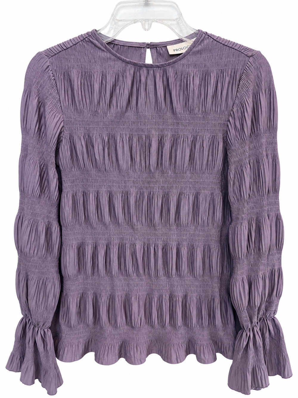 Prologue Casual Blouse Bell Sleeve Ruffle Top Women Small Purple Pleated Smocked